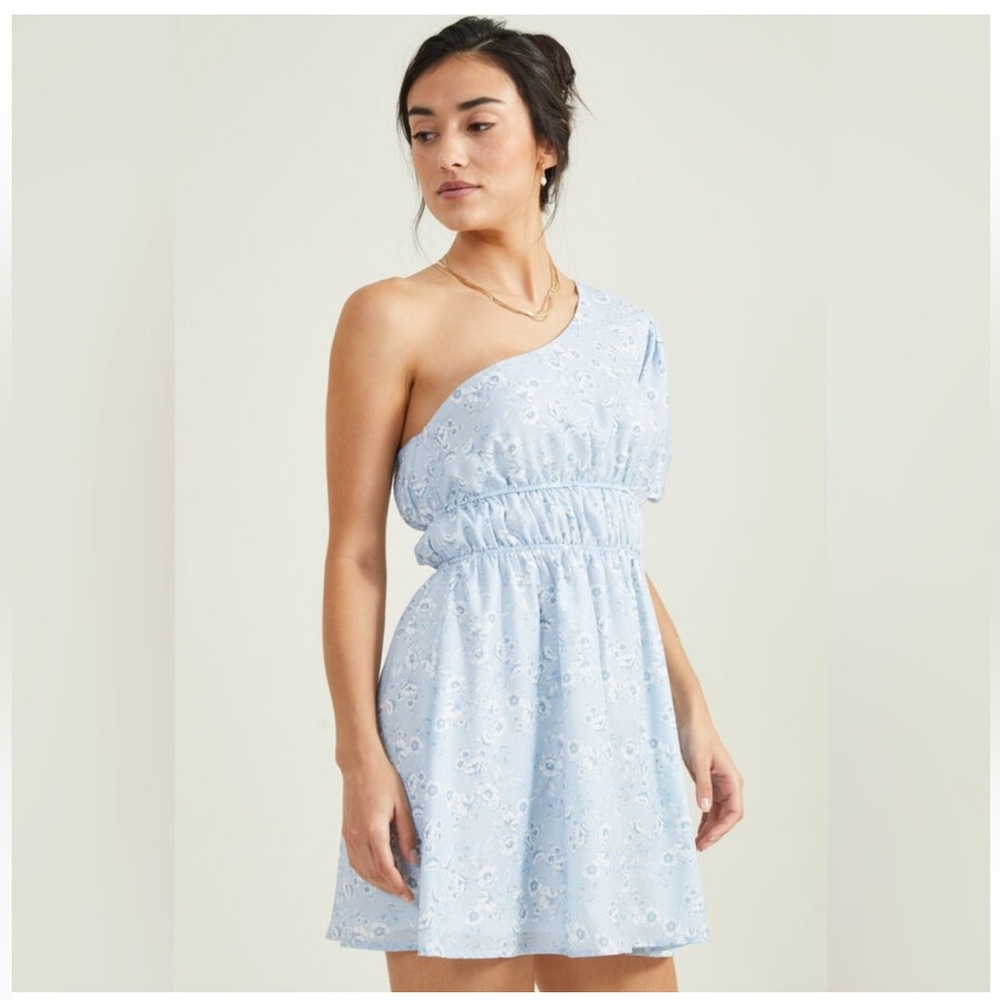 NWT Women’s M Altar’d State One Shoulder Blue & White Floral Dress Elastic Waist